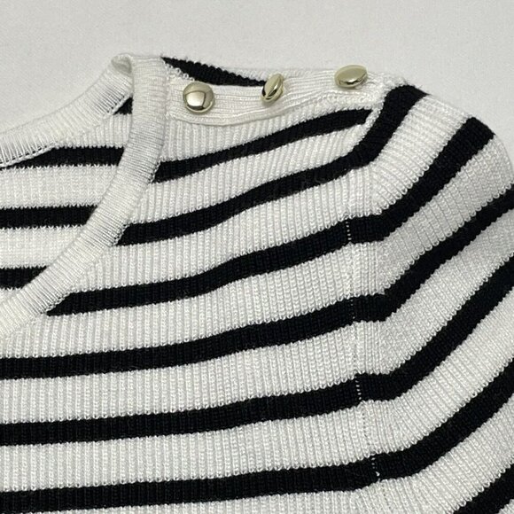 WHBM Sweater White House Black Market Women Size MP Stripe Ruffle Silver Button - Picture 5 of 12